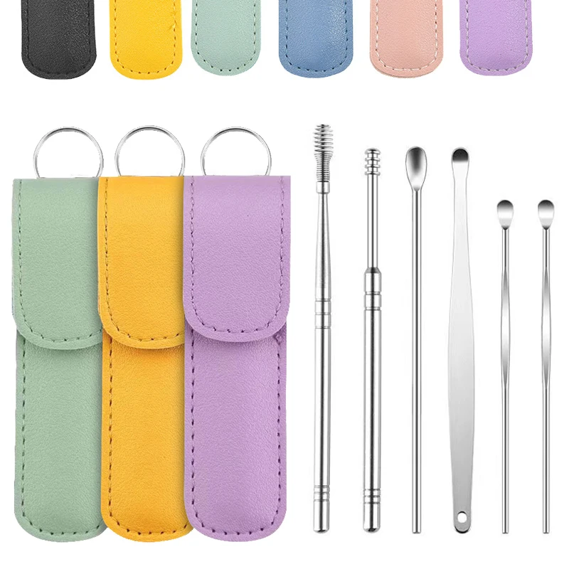 6PCS Set Ear Wax Digging Picker Earpick Remover Curette Earwax Cerumen Cleaner Revomal Spoon Cleaning Tool with Leather Cover