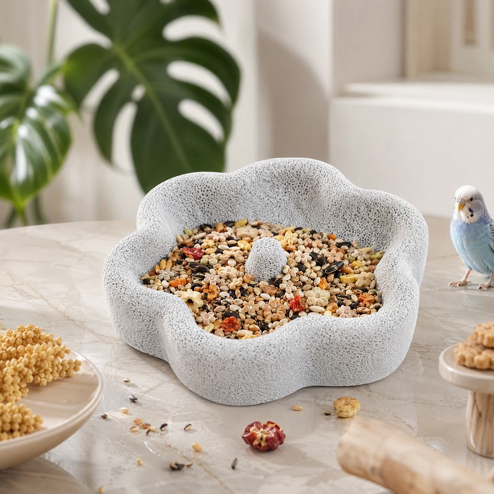 Natural Textured Volcanic Bird Feeder Beak Care Claw Trimming Anti-spill Bowl for Small Parrots Cage