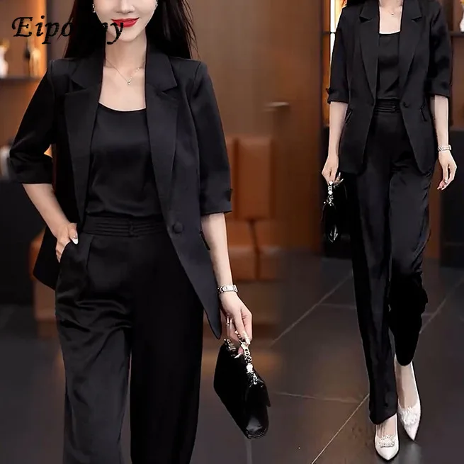 Light luxury, high-end feel, slim fit, short sleeved jacket, wide leg pants, professional three pieces