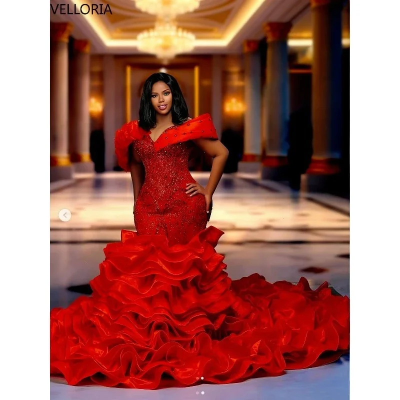 

Красное кружевное вечернее платье-русалка с бисером и кристаллами, для темнокожих девушек, с открытыми плечами, многослойное, на заказ