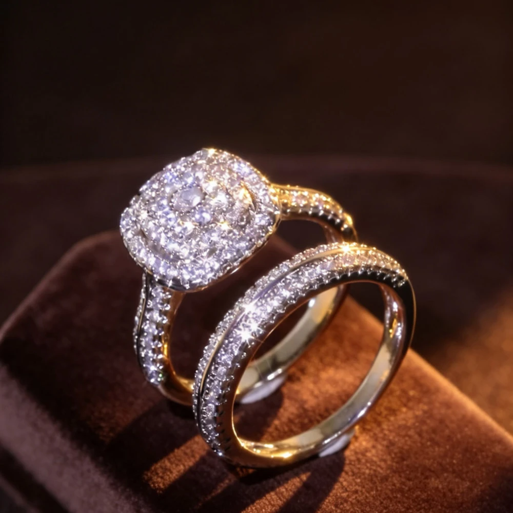 2Pcs Bridal Stackable Ring Set, Double Halo Statement Finger Ring With Full Eternity Matching Band, Promise Jewelry for Engagement Wedding Birthday Holiday Celebration for Ladies