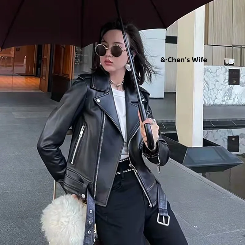 Chen sra. novo couro genuíno motociclista jaet ort eepskin feminino emagrecimento terno colarinho outerwear zíper longo sve primavera