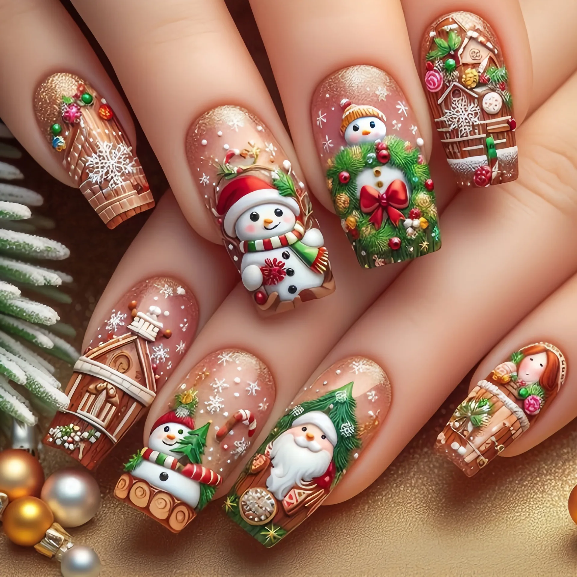 

24PCS Cute Sweet Almond Press on Nails Christmas Snowman Snowflake Tree Fake Nail Festive Party Nail Art Wearable Nail ציפורניים
