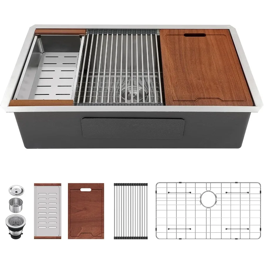 

33-дюймовая кухонная мойка Undermount 33 x 19, раковина из нержавеющей стали с 16 калибрами, дизайн рабочей станции с одной чашей, ручная работа под