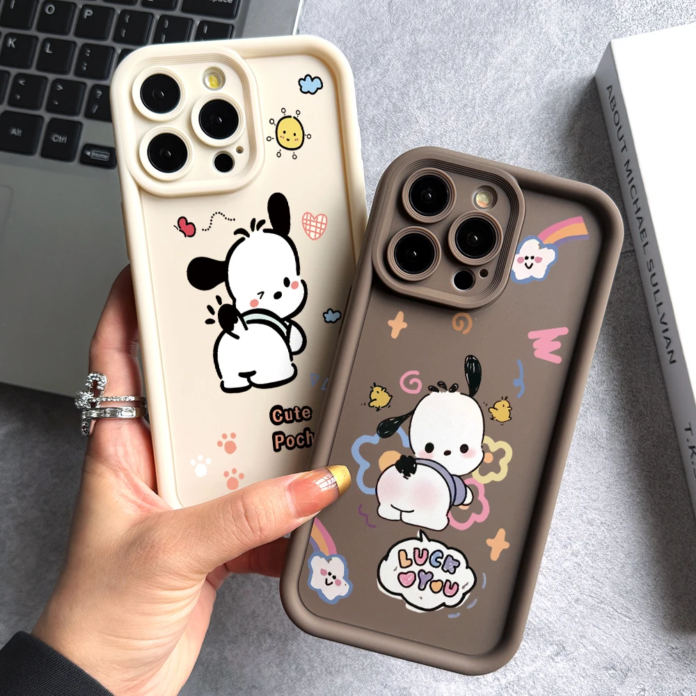 Cute Pochacco Phone Case for iPhone 16 15 14 Plus 13 12 Mini 11 Pro Max X Xs XR 8 7 Soft TPU Ladder Lens Protection Cover