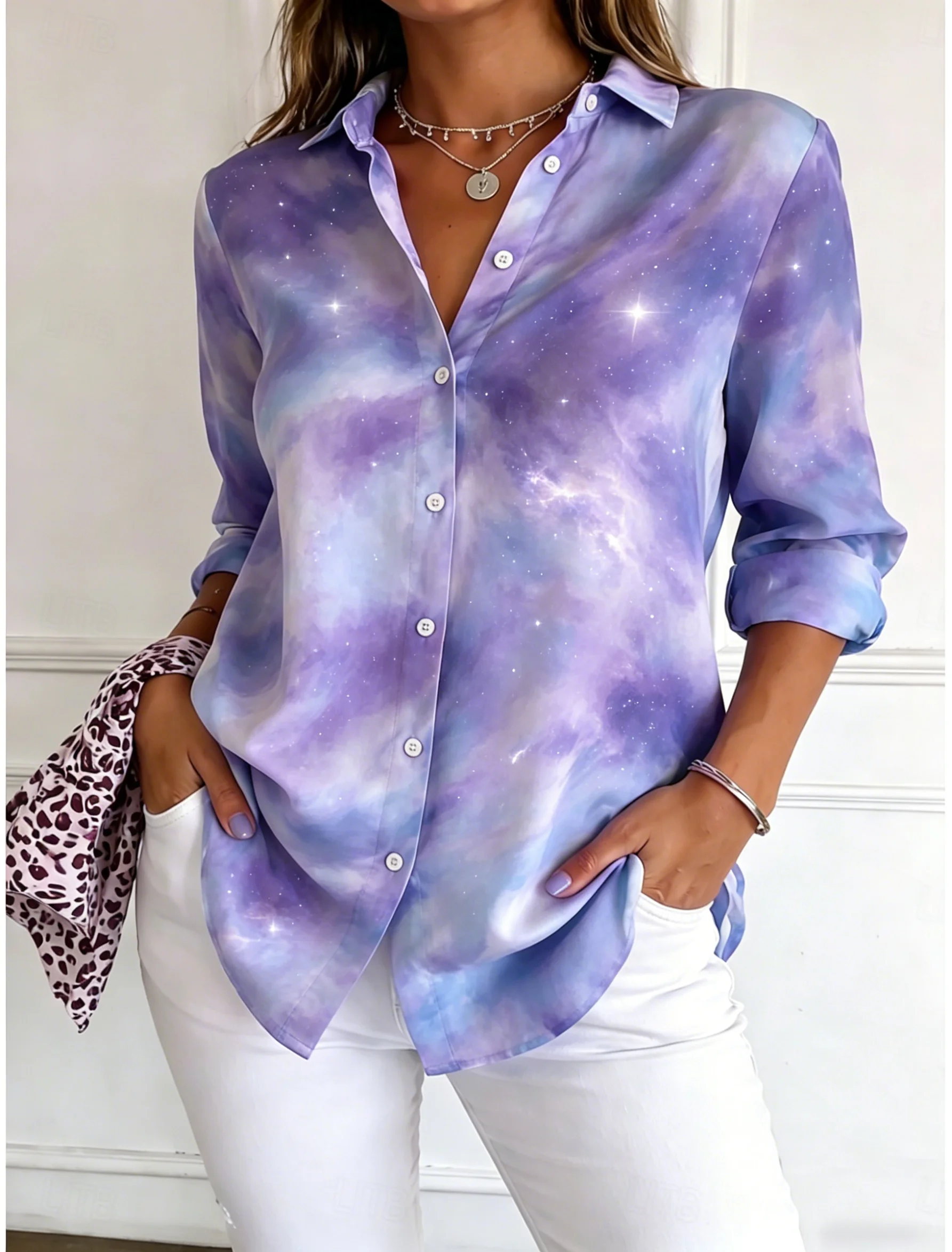 

Women's Long Sleeve Galaxy Print Button Down Casual Shirt Elegant Daily Blouse Tops in Purple for Spring Summer