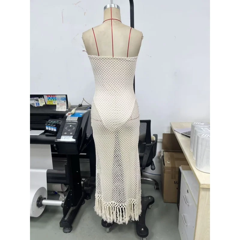 Damen Trägerloses Maxikleid aus Mesh mit Ausschnitten, Strick und Quasten, langes Kleid, Sommer-Strand-Cover-up, Tube-Bodycon-Kleid für Urlaub und Party – Detail 6