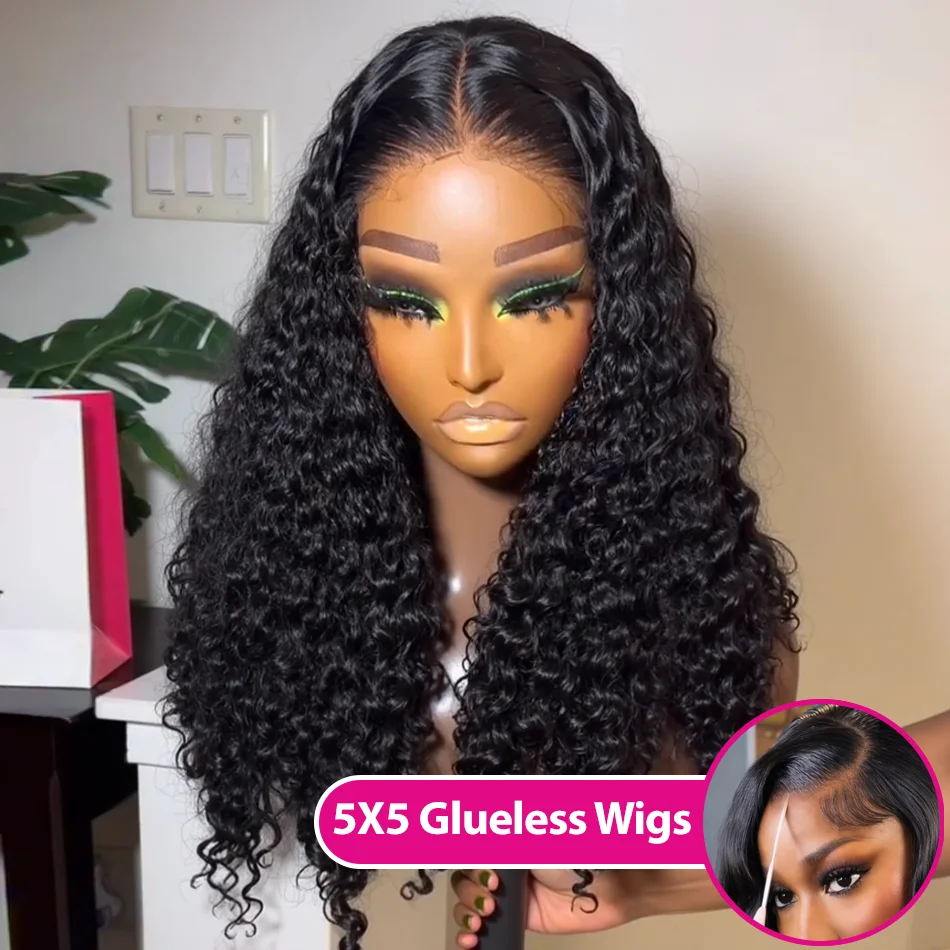 Peluca de cabello humano rizado birmano con ondas profundas, densidad 250%, 5x5, sin pegamento, con cierre de encaje HD, lista para usar, pre-cortada, sin pegamento, para mujer