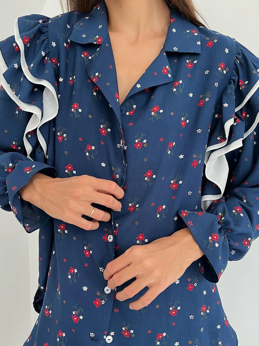 Marthaqiqi Winter Female Nightgowns Suit Long Sleeve Nightwear Sexy Turn-Down Collar Pajamas Pants Casual Printing Home Clothes