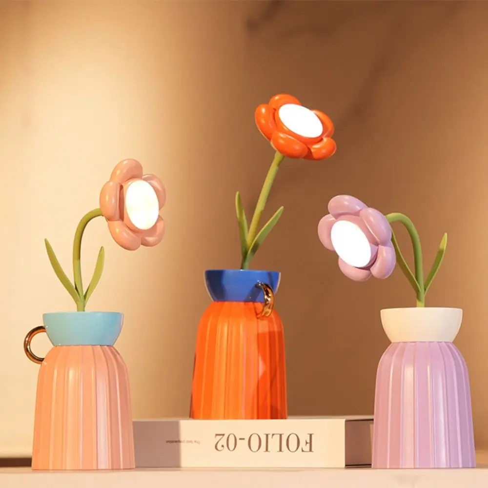 Bonito luz suave flor luz da noite proteção para os olhos infinito escurecimento mini vaso de flores candeeiro mesa abs 3 engrenagem lâmpada ornamento presente