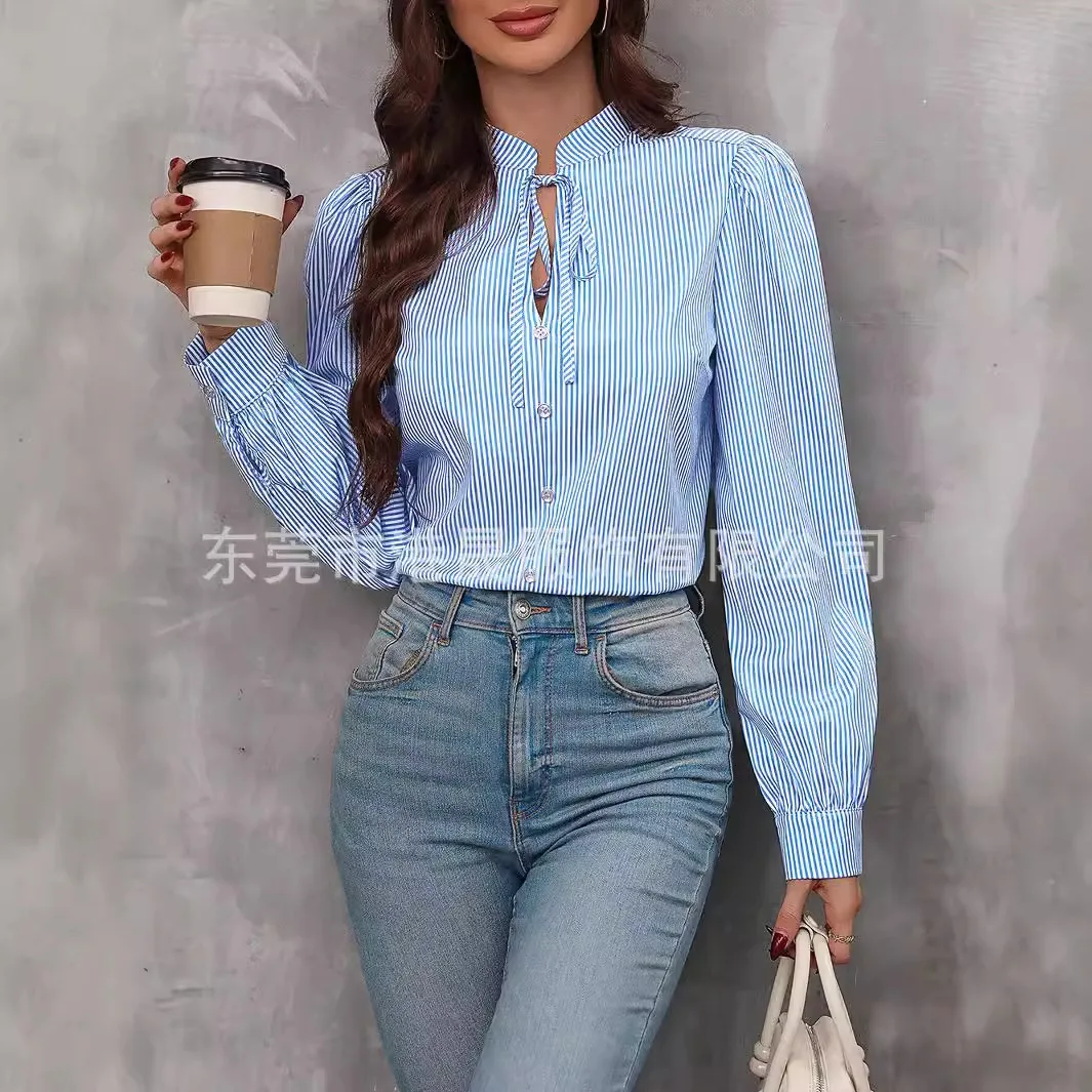 

2025 Summer Spring Striped Print Blouse V Neck Casual Bow Tie Long Sleeve Sweet Office Lady OL Blue Pink Women Clothing Top