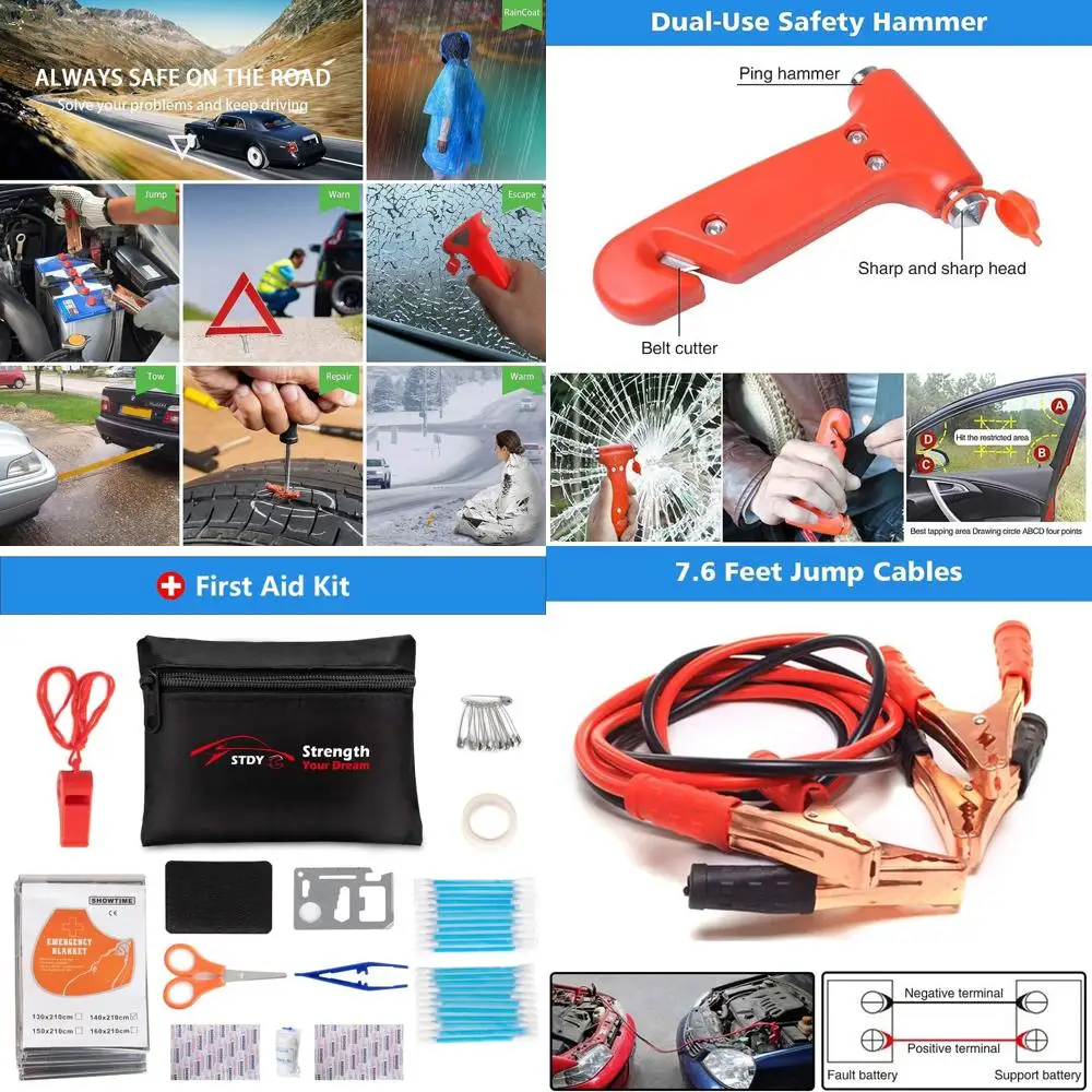 

STDY Car Roadside Emergency Kit, Vehicle Truck Safety Road Side Assistance Kits Auto Accessory, with Jumper Cables, First Aid Ki