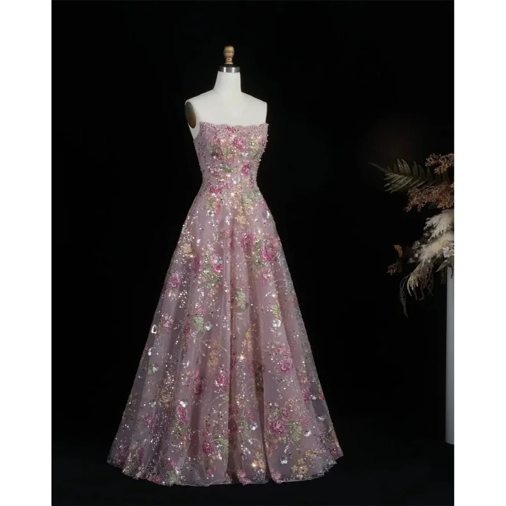 Lorrtta Tulle Strapless Pink A-Line Evening Dress 2026 Prom Dress Elegant Luxury Formal Sequined Customized Robes de Soirée