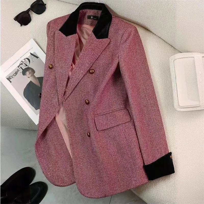 Veste de costume en laine pour femme, vêtement de bureau, Chic, gris, motif à chevrons, épais, décontracté, nouvelle collection automne hiver