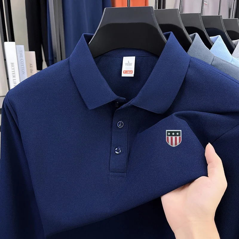 Men's Exquisite Printed Pure Color Long Sleeved Polo Shirt Luxurious Quality Autumn Lapel T-shirt Fashion Business Men's Wear