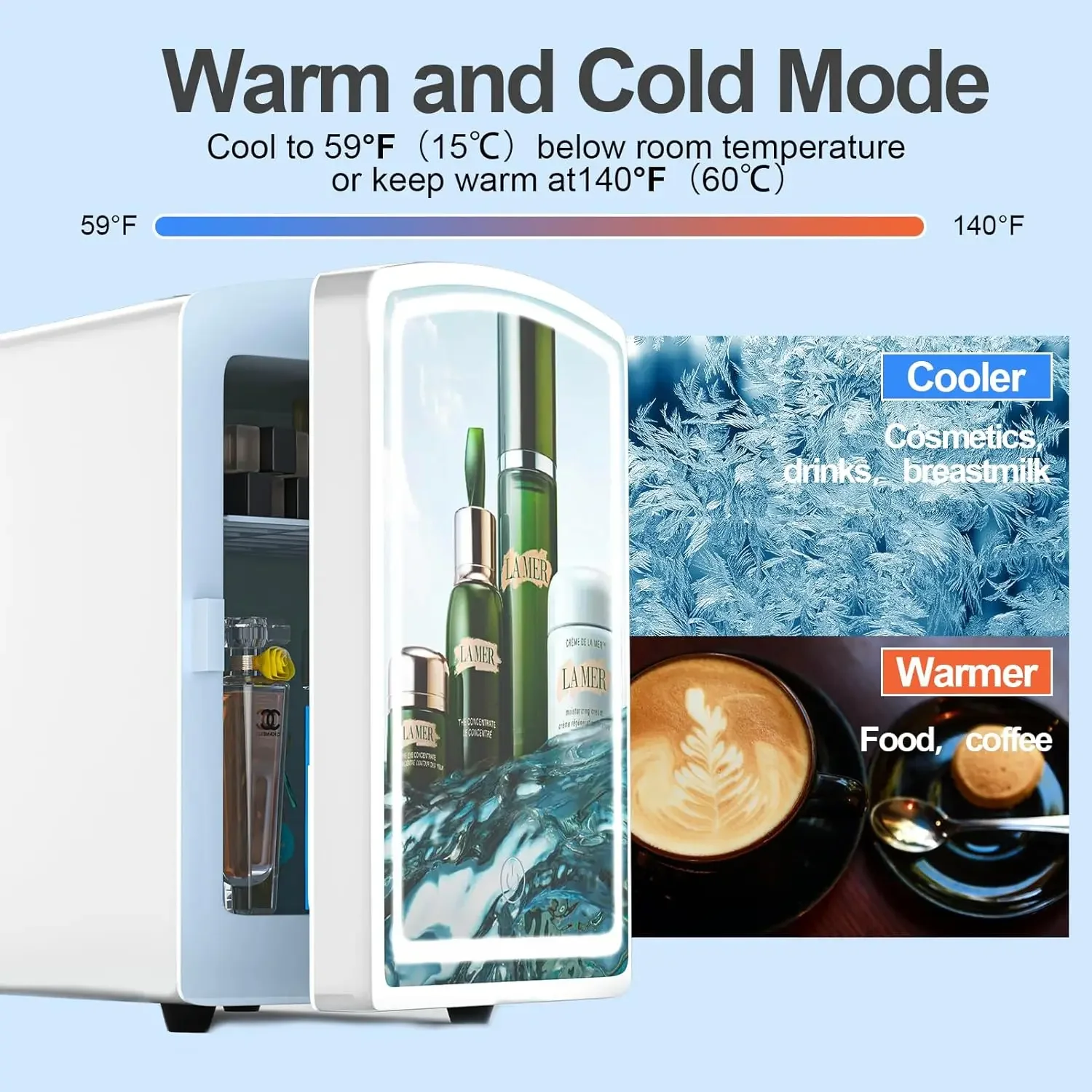 Mini Hot or Cold Personal Beauty Refrigerator with Dimmable Mirror, 4 Liter Small Fridge for Skin Care in Bedroom, Office, or Do