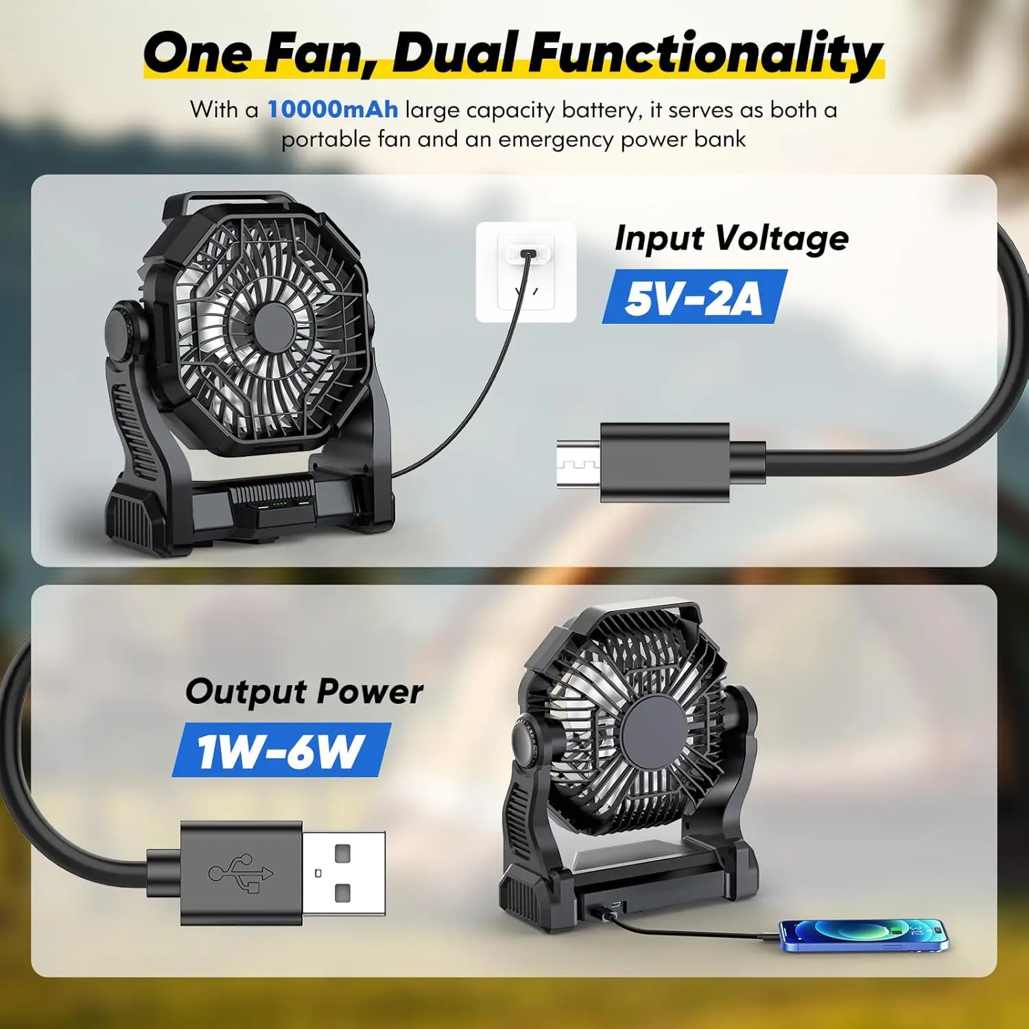 Rechargeable 10" Camping Fan: 10000mAh, LED Light, Hook, USB, Outdoor Use.
