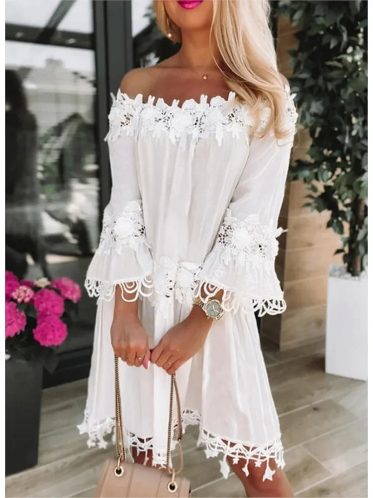 Women's Autumn White Tube Top One Shoulder Dress Women's Hollow Floral Lace Loose Fashion Casual Ladies Clothing