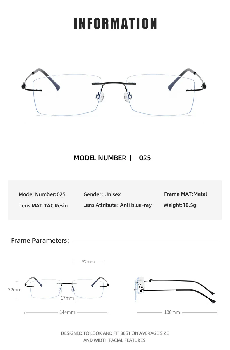 Ultra light square titanium frameless presbyopia glasses anti blue light flat glasses frame can be matched with prescription