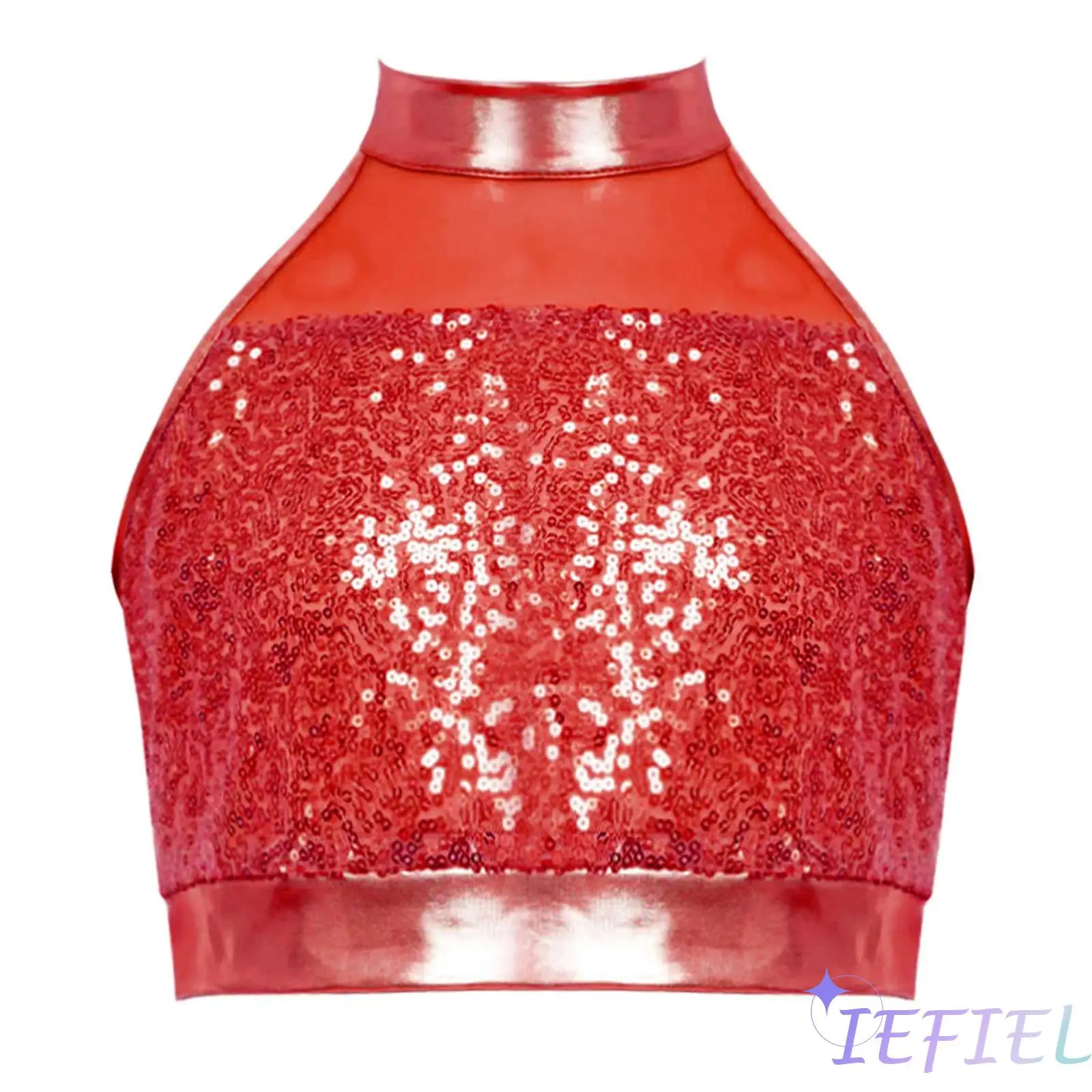 

Kids Girls Dance Performance Tops Sleeveless Mock Neck Glitter Sequin Patchwork Keyhole Back Crop Top for Jazz Dance Show