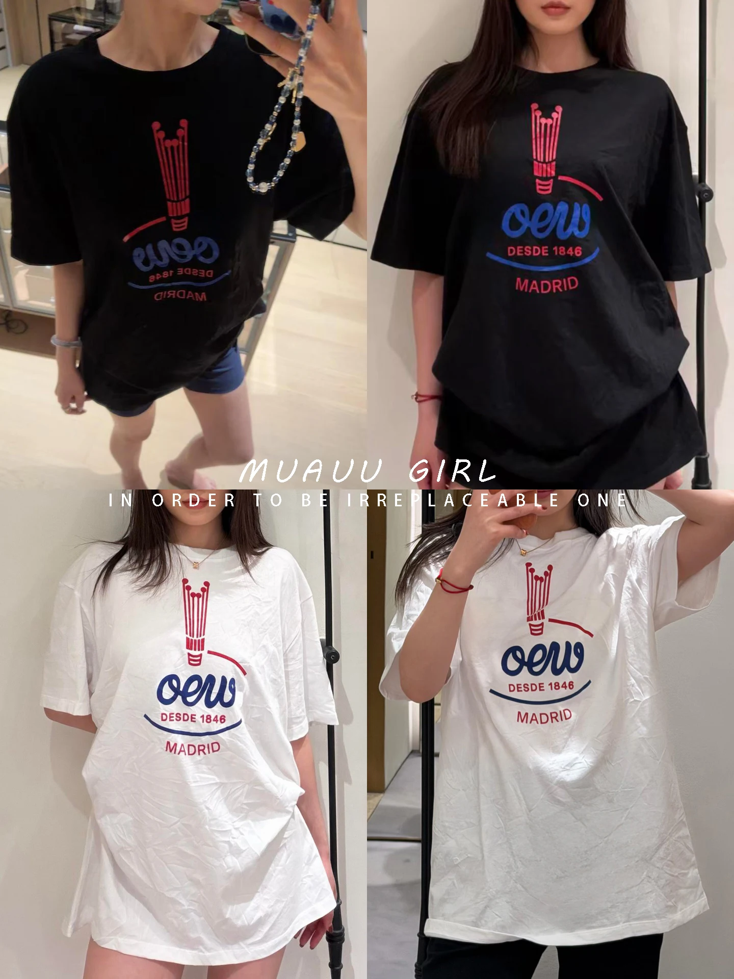 

Fashionable Hong Kong Style MUAUU GIRL T-Shirt with Crown Letter Print Elastic Button Short Sleeve Casual Loose Fit Cotton Top