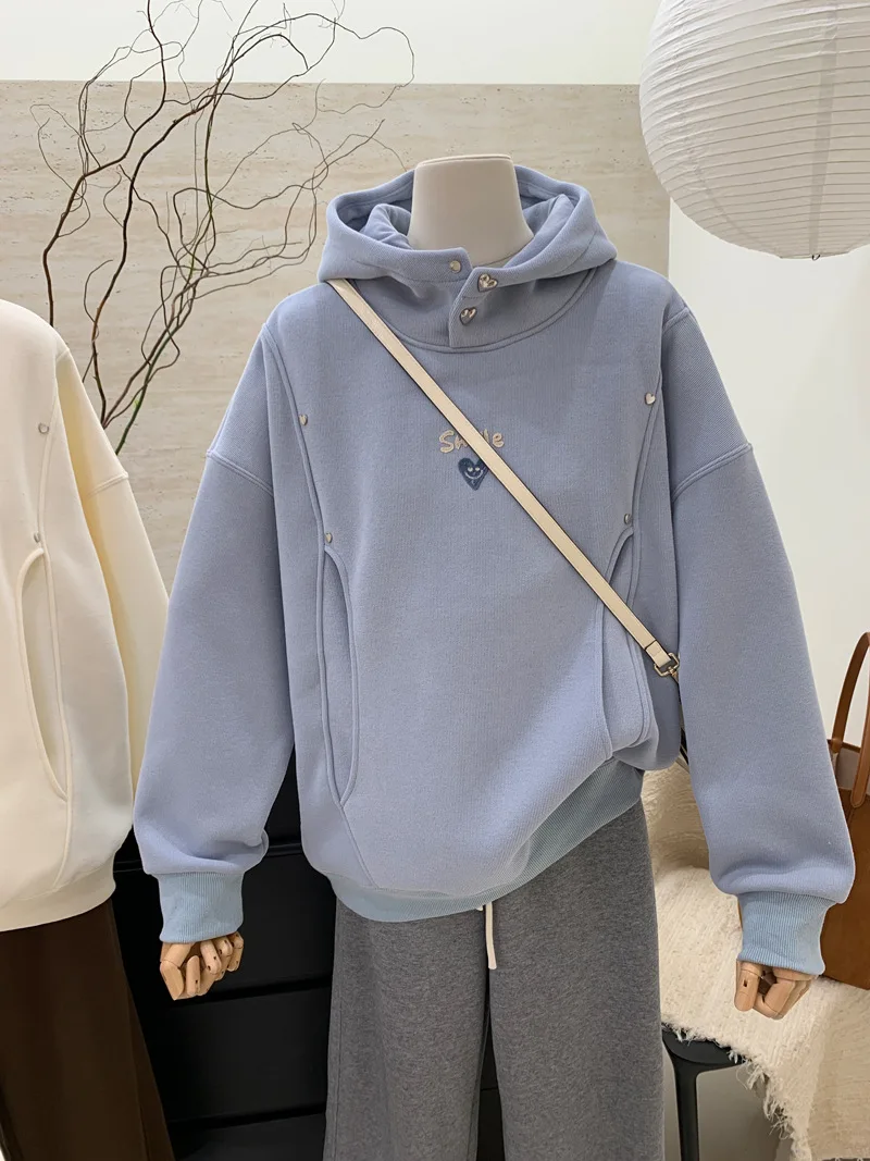 Minority design sense of love smiling face plus velvet hooded sweater blouse autumn and winter new thick loose pullover blouse