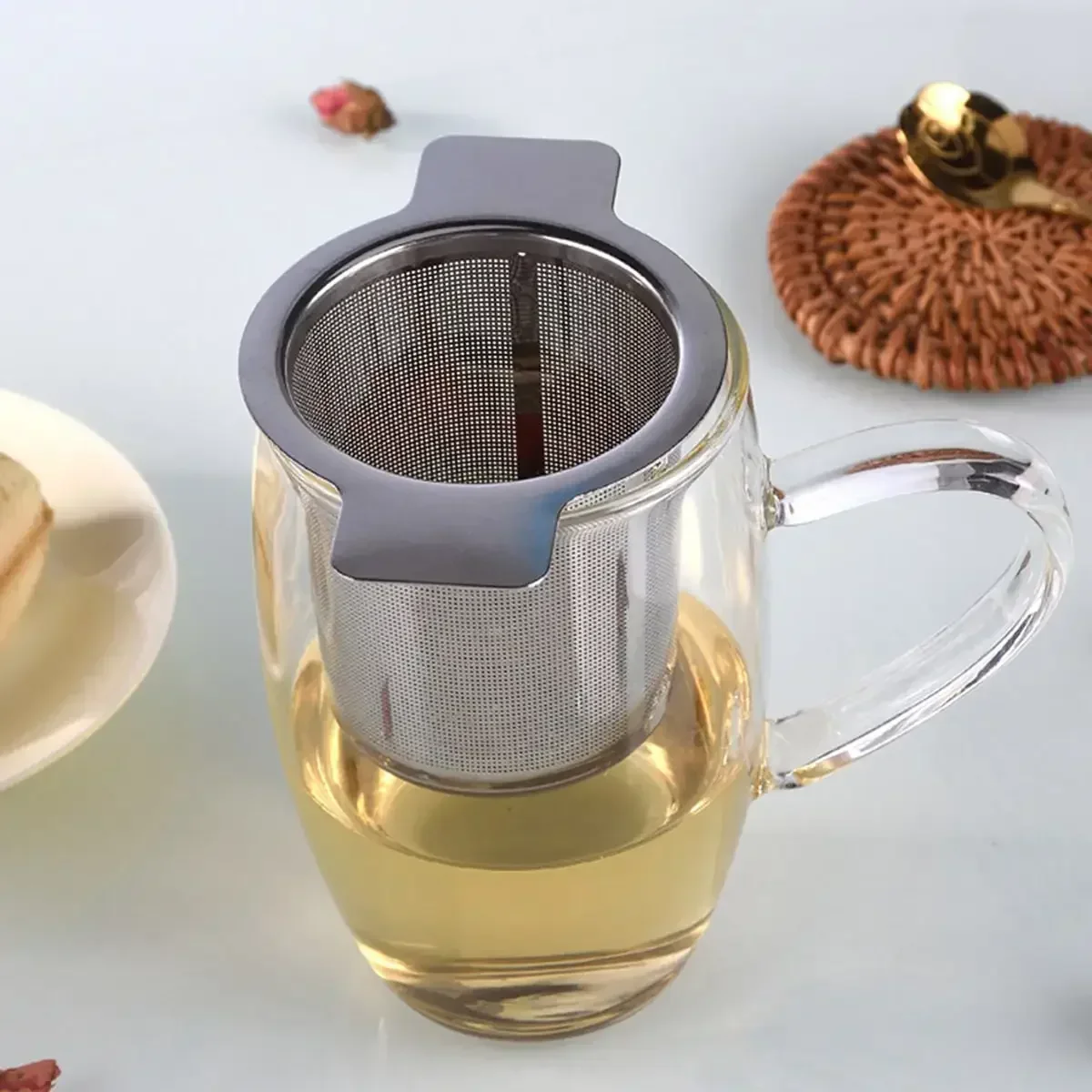 

Premium Stainless Steel Tea Infuser with Double Handles and Fine Mesh for Loose Leaf Tea Brewing - Tea Strainer Set Strainer