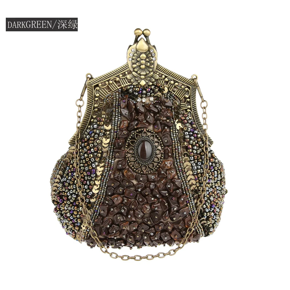 Retro Fashion Pearl Sequin Beaded Clutches Handbag for Women Vintage Antique Gold Color Chain Shoulder Bag Party Evening Bags