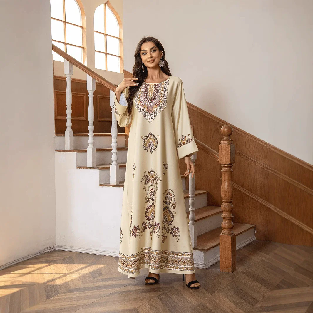 Moyen-Orient arabie saoudite musulman luxe mode islamique Ramadan Robe col rond imprimé diamant clouté ample a-ligne Robe