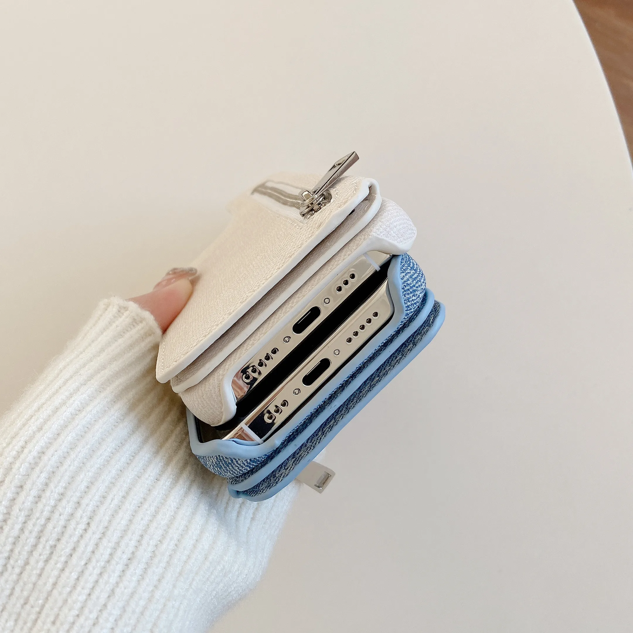 Zipper Cards Solt Wallet Denim Case for IPhone 15 Pro Max 14 Plus 13 12 Mini 11 6 7 8 SE 2022 Makeup Mirror Bag Pocket Cover