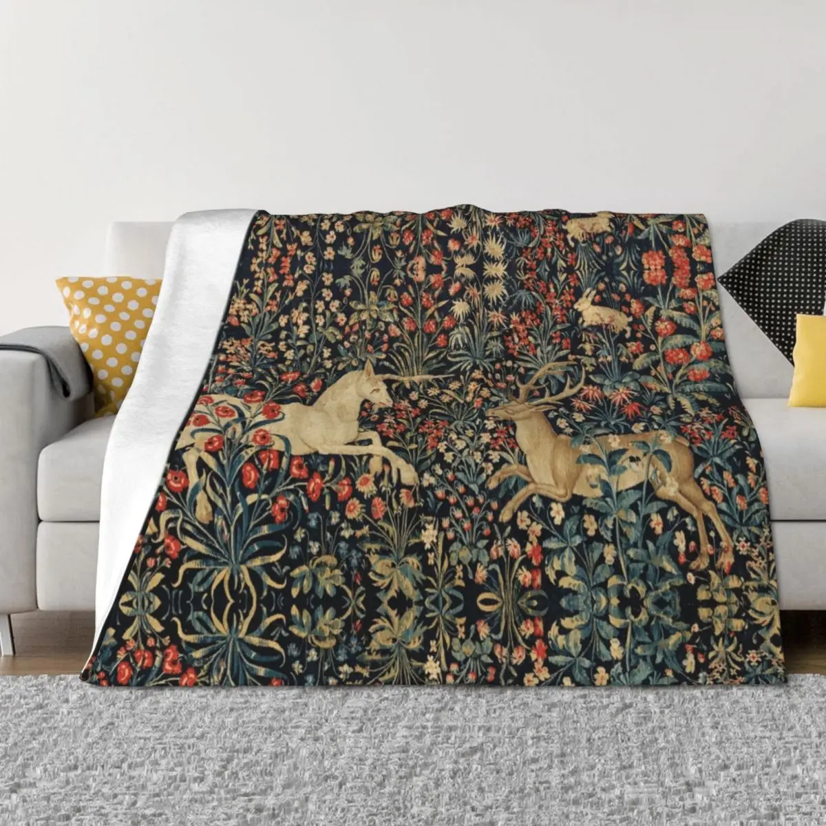 

UNICORN AND DEER AMONG FLOWERS, FOREST ANIMALS FLEMISH FLORAL Throw Blanket Blankets For Bed For Decorative Sofa Blankets