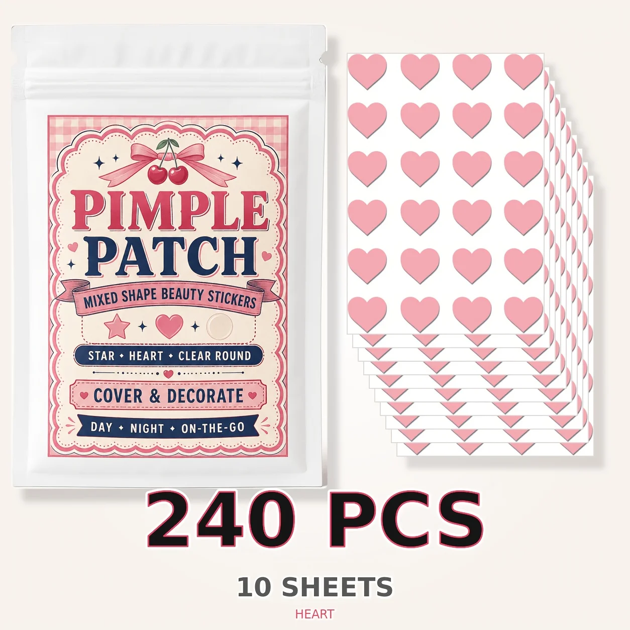 240PCS Heart Pimple Patches, Cute Hydrocolloid Face Stickers, Decorative Blemish Cover Patches, Travel Party Photo Accessories