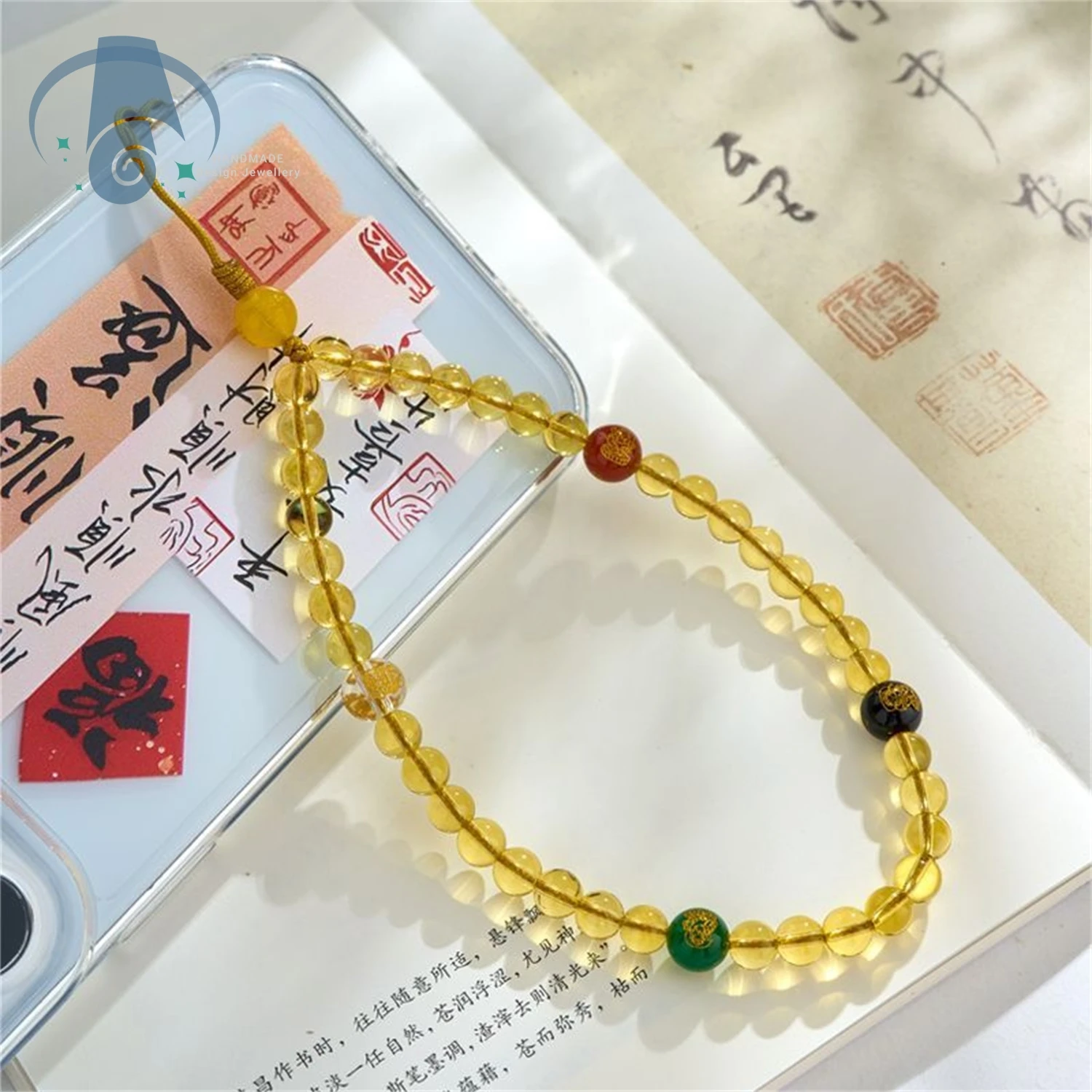 

Stylish Yellow Crystal Five Prosperity Gods Phone Chain Bracelet for Women Men Unique Ethnic Design Handmade Beaded Jewelry Gift