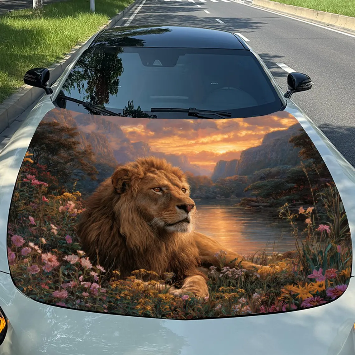 

Car Decals Realistic Lion Lounging Amidst a Scenic Landscape with a Lake and Vibrant Floral Surroundings at Sunset Car Hood Stic