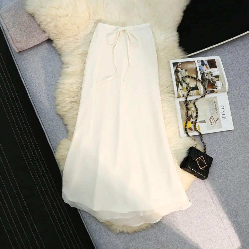 Summer Simple Fashion Casual Versatile Skirt Women's High Waist and Thin Temperament Drawstring Strap Fishtail Long Skirt