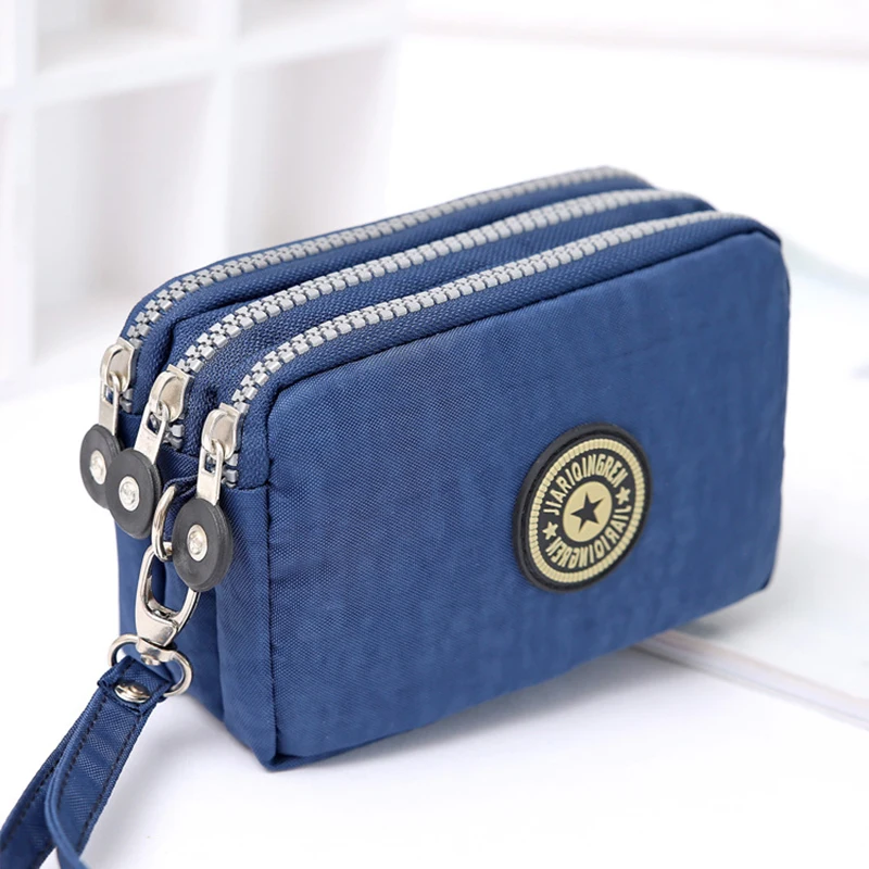 New Dropshipping Coin Cosmetic Women Small Wallet Washer Wrinkle Fabric Phone Purse Three Zippers Portable Make Up Bag 18 Colors