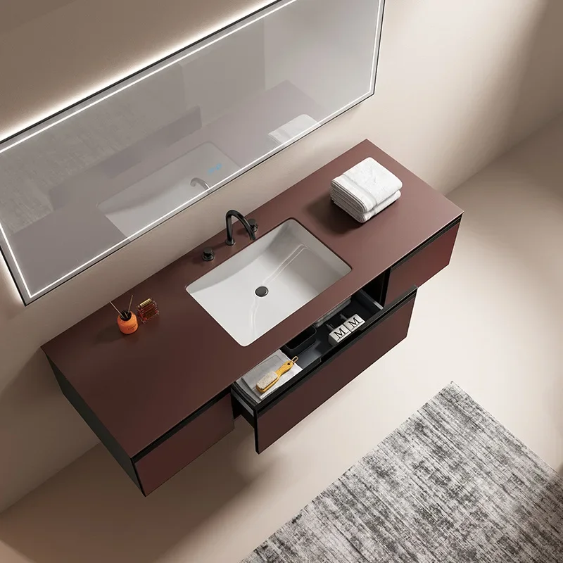 Nordic light luxury minimalist bathroom cabinet, rock slab integrated countertop, washbasin combination washbasin