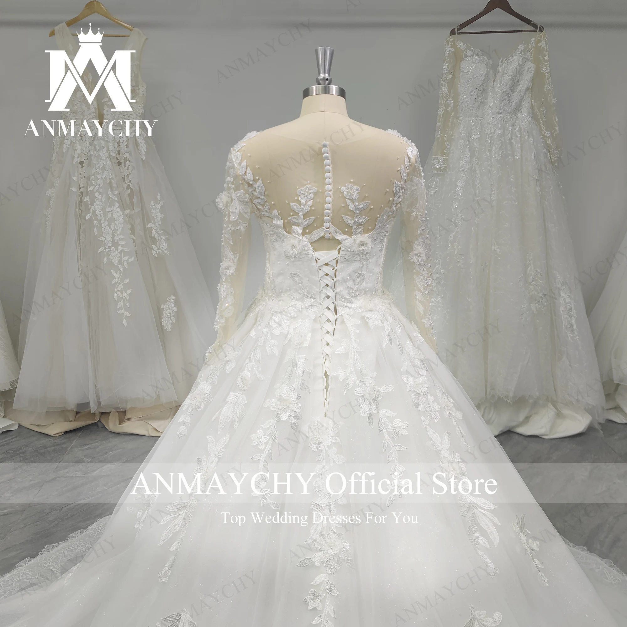 ANMAYCHY Ball GownLuxury Hochzeit Kleider Für Frauen 2022 Perlen Appliques SCOOP Spitze Langarm Hochzeit Kleid Vestidos De Novia