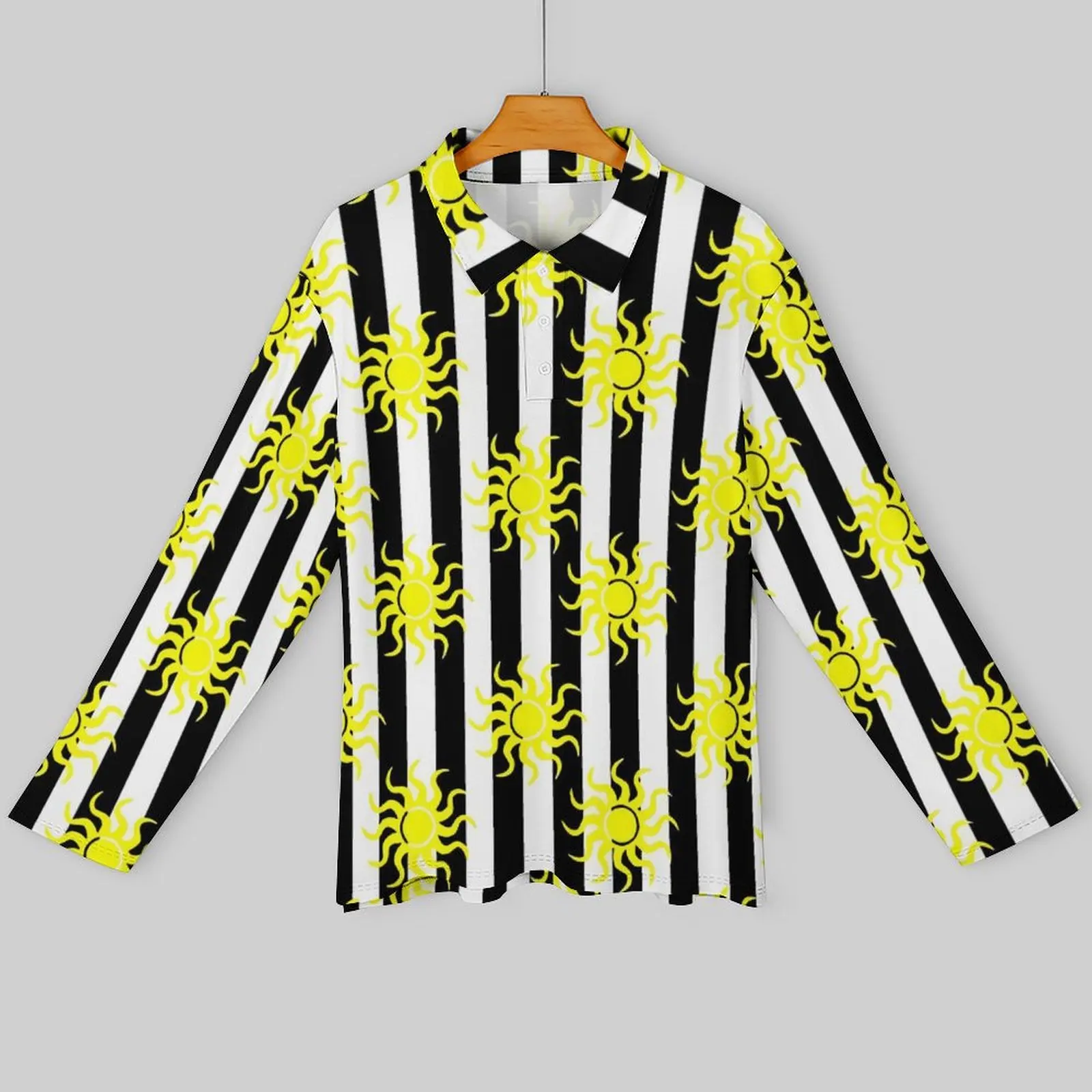 Black And White Stripes with Yellow Sun Casual Polo Shirts T-Shirts Long Sleeve Graphic Shirt Spring Novelty Oversized Tops Gift