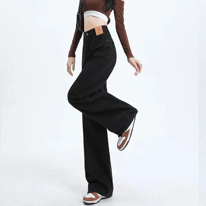 Pantalones vaqueros ajustados de cintura alta para mujer, pantalones vaqueros de pierna recta negros para niñas, pantalones vaqueros holgados coreanos clásicos para mujer