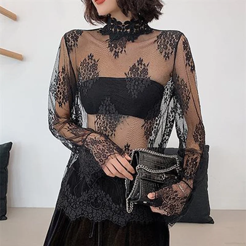 Sexy Lace Base Shirt Women's Mesh Inner Top Half High Collar Knitted Sweater Layerable Floral Lace Trim See through Design