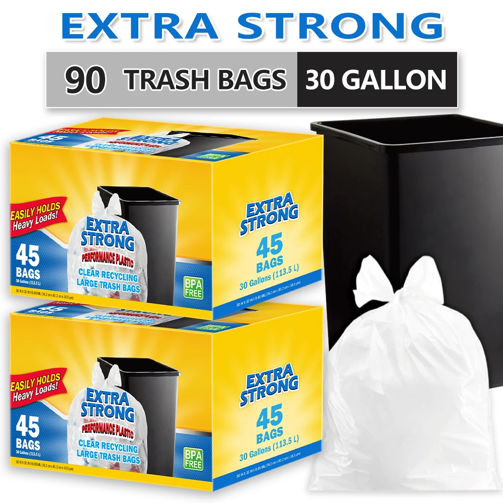 

Xtratuff 30 Gallon Flap Ties Trash Bags White Recycle Clear Trash Bag Large Garbage Bags 90 Count BPA FREE Strong Rubbish Bag