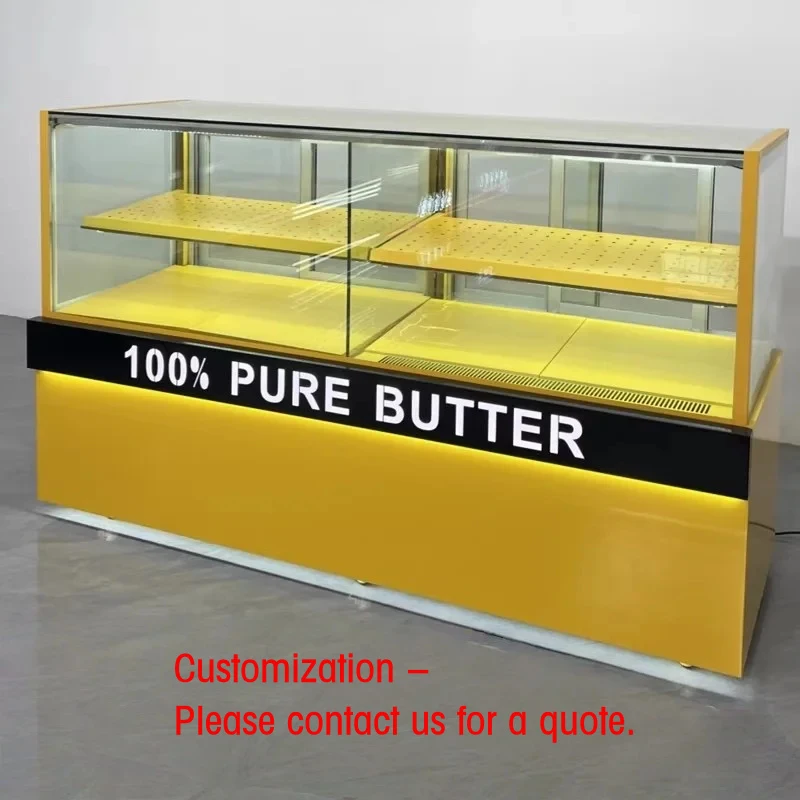 custom.Bread & Pastry Display Glass Bakery Dessert Counter with LED Lighting Golden Yellow Heavy Duty Construction