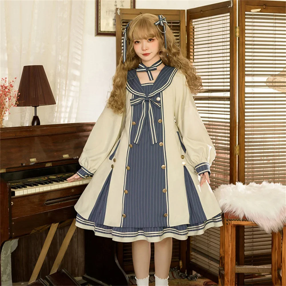 Autumn Girls Navy Large Size 4xl Lolita Dress Sweet Woman Princess Button Striped Bowknot Puff Sleeve Cosplay Lolita Op Loli