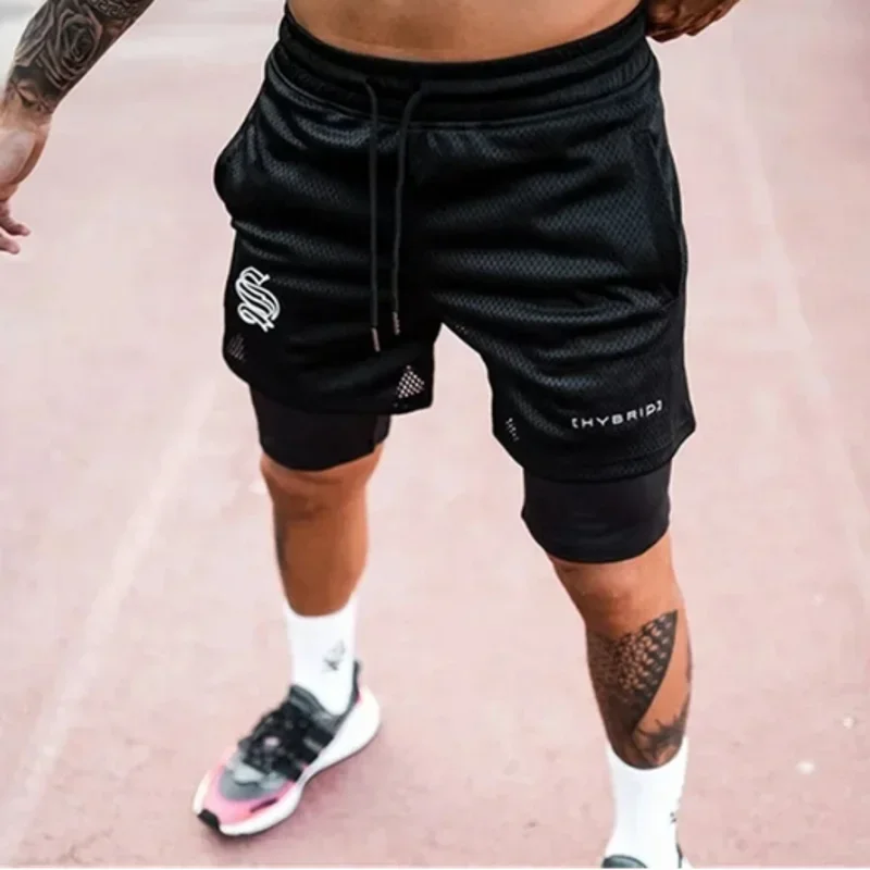 2024 Summer Men's Fitness Training Mesh Sports 2-in-1 Double Layer Shorts, Running, Gym, Fitness, Training Sports Shorts