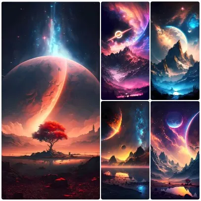 

Warm Nebula Alien Planet & Lone Red Tree Jigsaw Puzzle, Iridescent Galaxy Mountain Reflection Fantasy Home Wall Decor