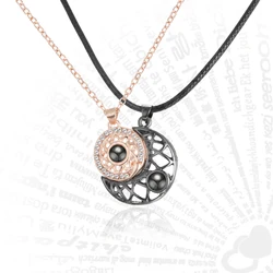 100 Languages I Love You Projection Necklace Hollow Sun Moon Heart Pendant Magnetic Necklace for Women Men Couple Jewelry Gift