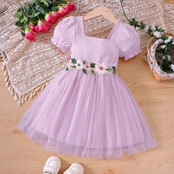 Summer New Bubble Sleeve One line Neck Flower Belt Mesh Dress for Primary and Secondary School Girls