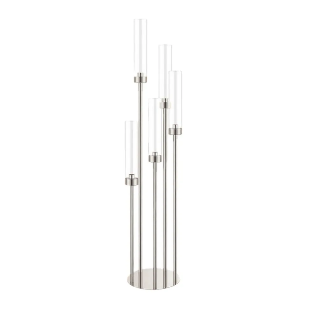 

Removable Acrylic Lampshade 5 Arm Floor Candelabra Gold/Silver Long Pole Tall Candle Holder Metal Wedding Candlestick Party