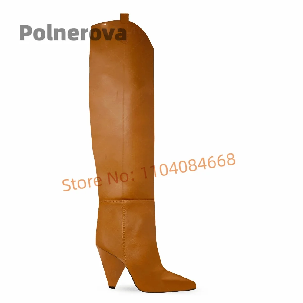 

Spike Heel Knee-High Boots for Women Pointed Toe Leather High Heels Handmade Winter Warm Long Boots Solid Color Party Shoes